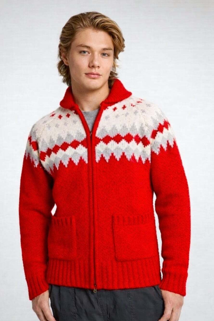 Wool Blend Men Fair Isle Knit Full Zip Cardigan Sweater Alpine Design Small A500